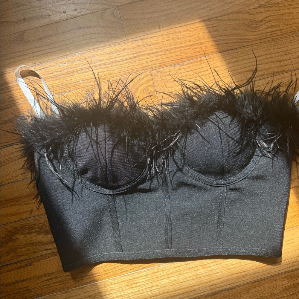 superdown Black Feather-Trim Bustier Crop Top